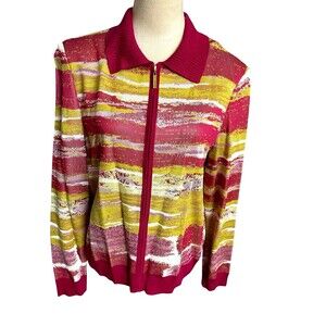 St John Womens Wool Blend  Knit Full Zip Collared Abstract Sweater Jacket Sz L